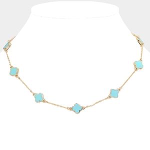 Blue Mint Gold Quatrefoil Clover Chain Necklace Station Pendant Jewelry